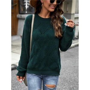 Hollow Out Solid Knitted Sweater Long Sleeve Crew Neck Casual Sweater